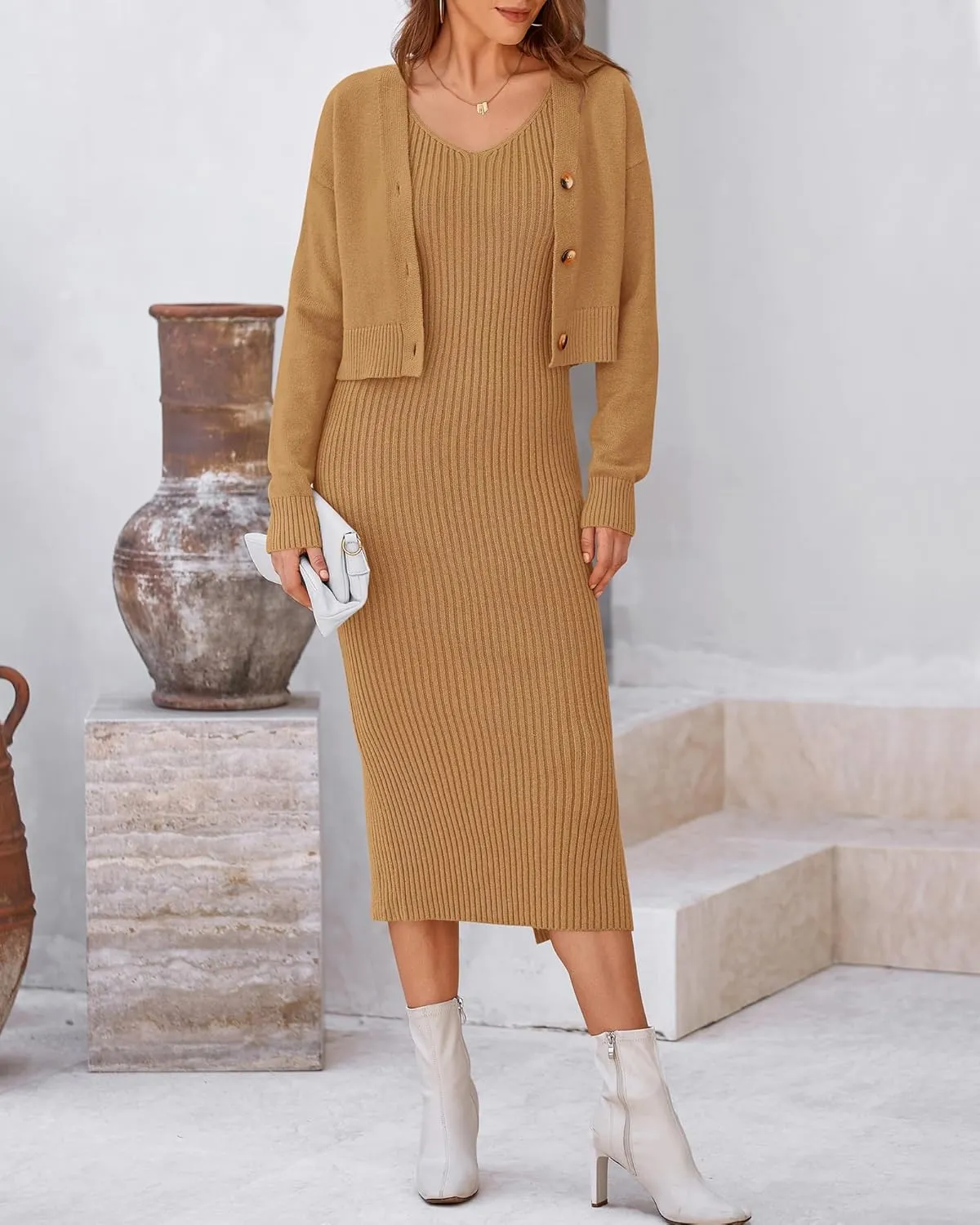 BTFBM Women Fall Knit Sweater Dress Set Bodycon Slit Midi Dresses Button Down Long Sleeve Cropped Cardigan 2 Piece Sets