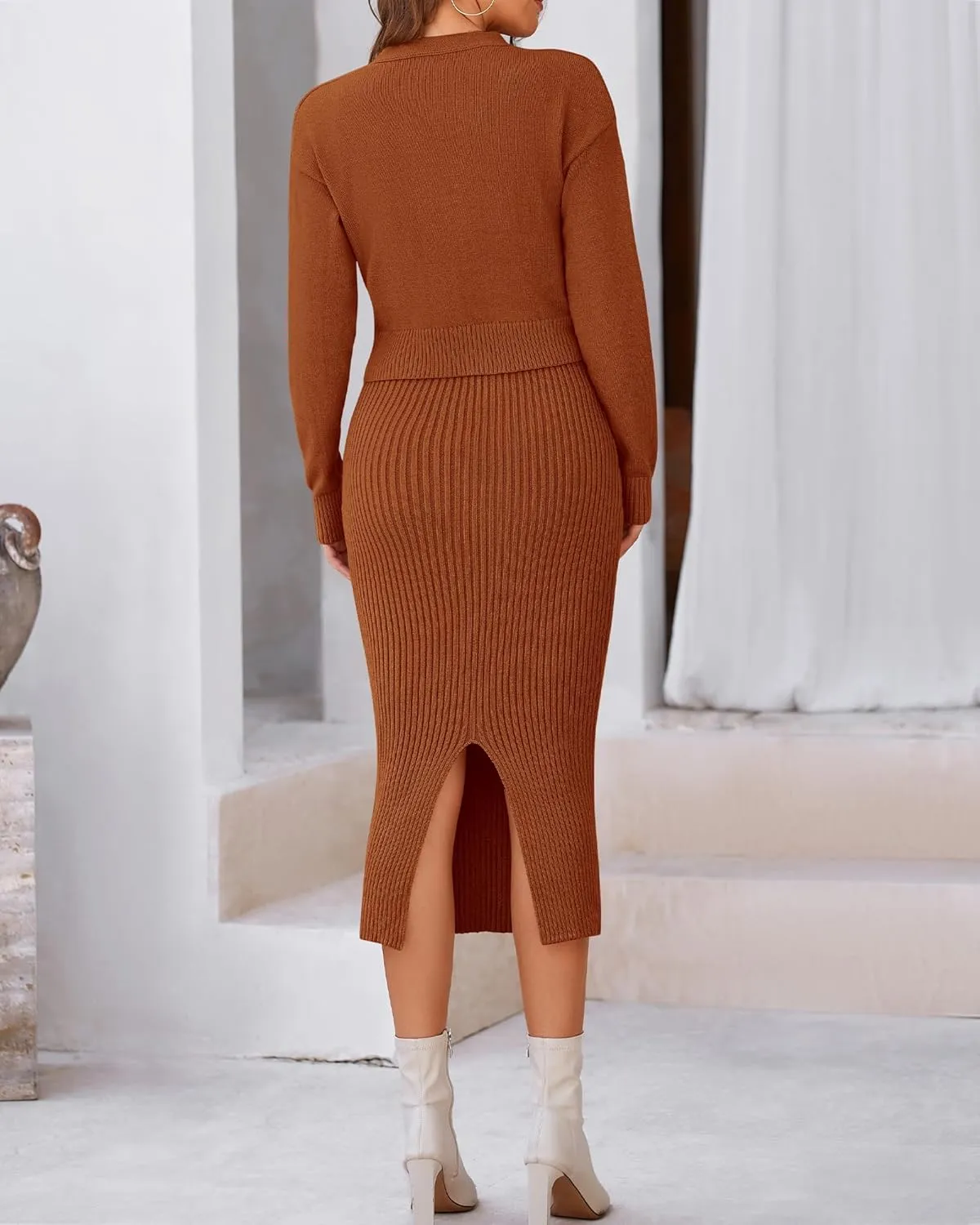 BTFBM Women Fall Knit Sweater Dress Set Bodycon Slit Midi Dresses Button Down Long Sleeve Cropped Cardigan 2 Piece Sets