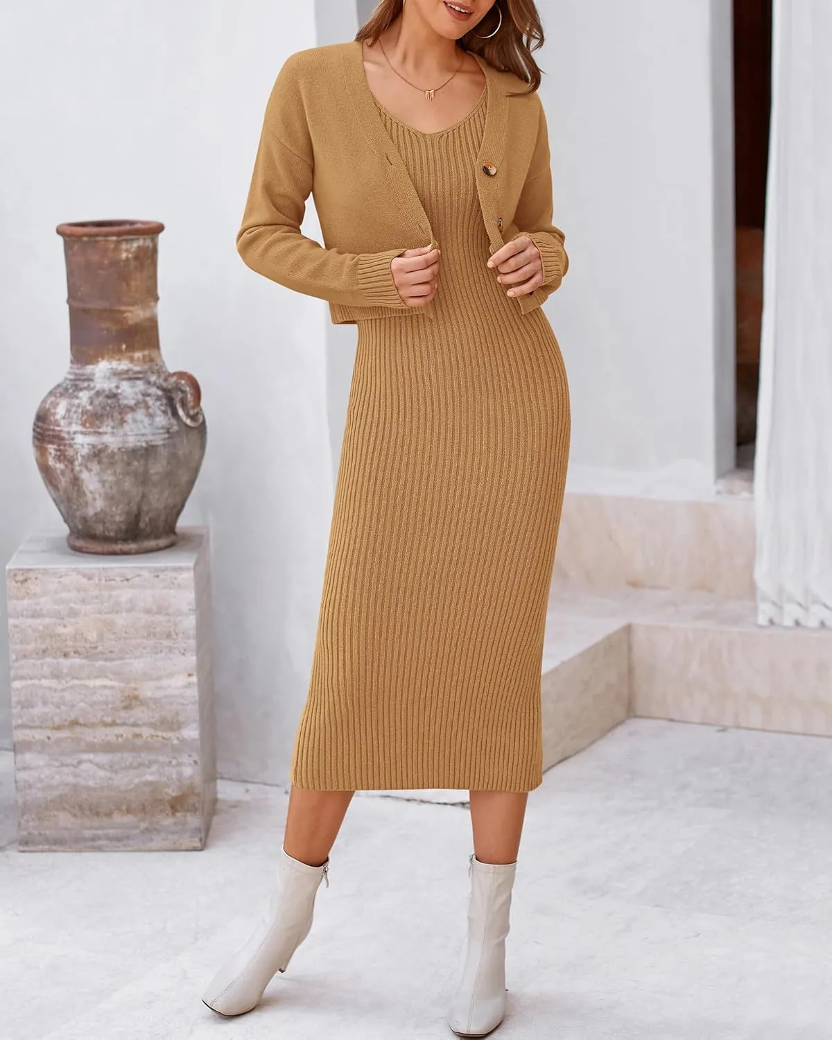 BTFBM Women Fall Knit Sweater Dress Set Bodycon Slit Midi Dresses Button Down Long Sleeve Cropped Cardigan 2 Piece Sets