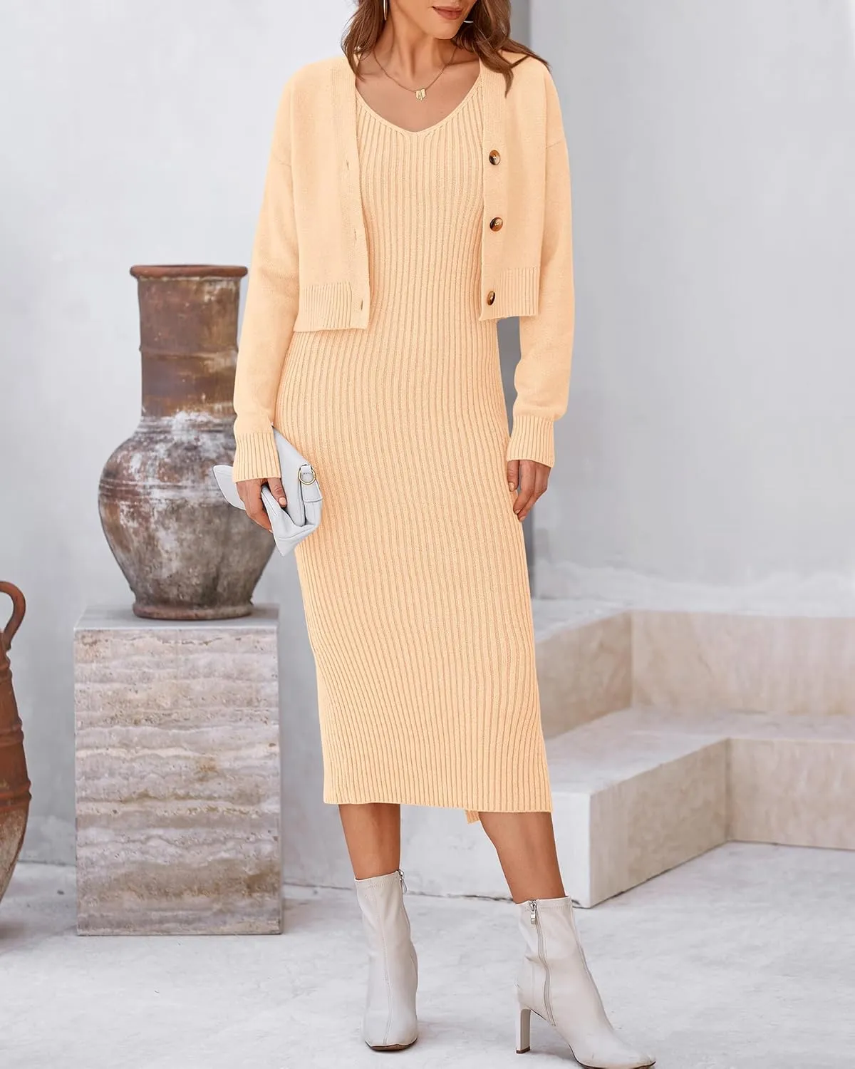 BTFBM Women Fall Knit Sweater Dress Set Bodycon Slit Midi Dresses Button Down Long Sleeve Cropped Cardigan 2 Piece Sets