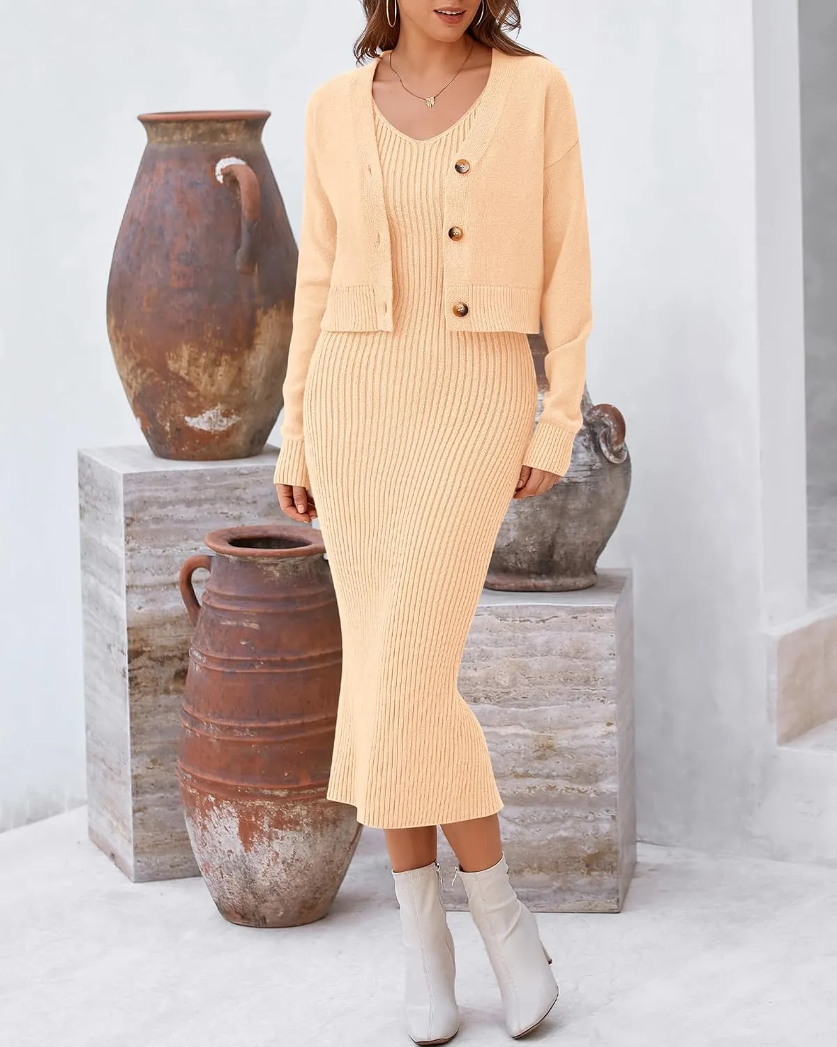 BTFBM Women Fall Knit Sweater Dress Set Bodycon Slit Midi Dresses Button Down Long Sleeve Cropped Cardigan 2 Piece Sets