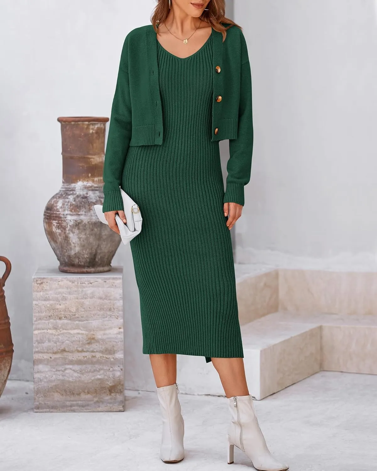 BTFBM Women Fall Knit Sweater Dress Set Bodycon Slit Midi Dresses Button Down Long Sleeve Cropped Cardigan 2 Piece Sets