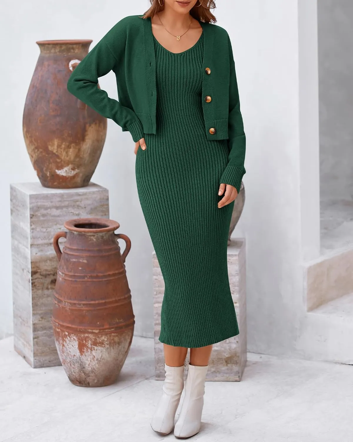 BTFBM Women Fall Knit Sweater Dress Set Bodycon Slit Midi Dresses Button Down Long Sleeve Cropped Cardigan 2 Piece Sets