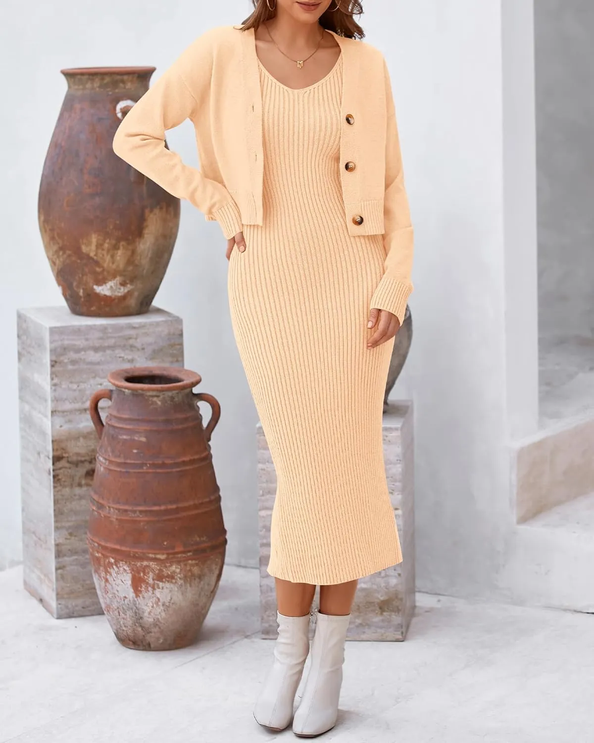 BTFBM Women Fall Knit Sweater Dress Set Bodycon Slit Midi Dresses Button Down Long Sleeve Cropped Cardigan 2 Piece Sets