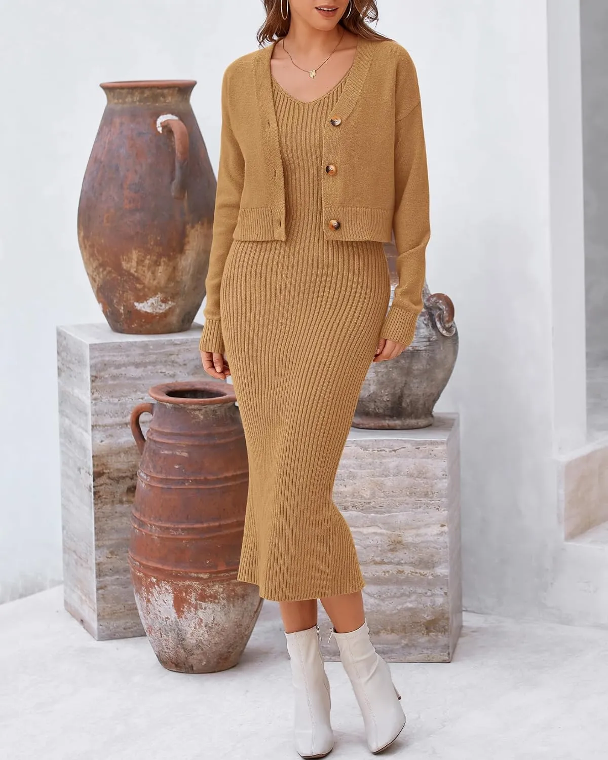 BTFBM Women Fall Knit Sweater Dress Set Bodycon Slit Midi Dresses Button Down Long Sleeve Cropped Cardigan 2 Piece Sets