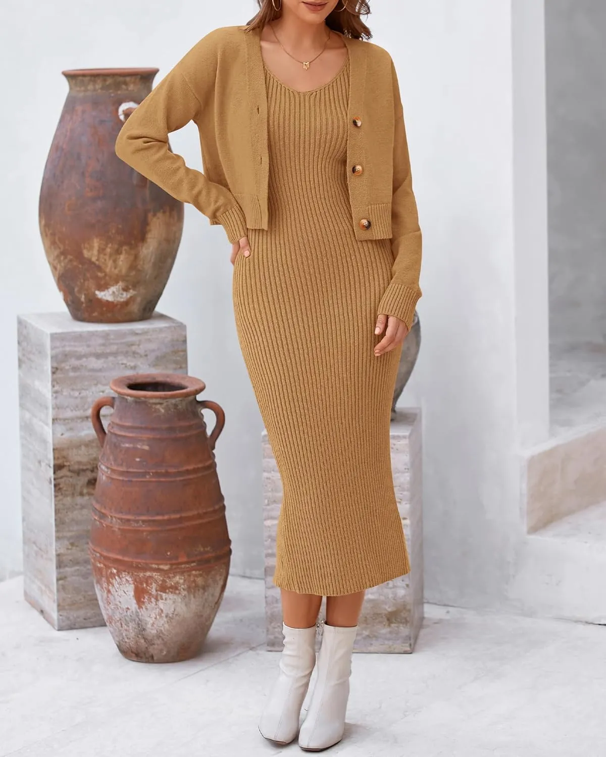 BTFBM Women Fall Knit Sweater Dress Set Bodycon Slit Midi Dresses Button Down Long Sleeve Cropped Cardigan 2 Piece Sets