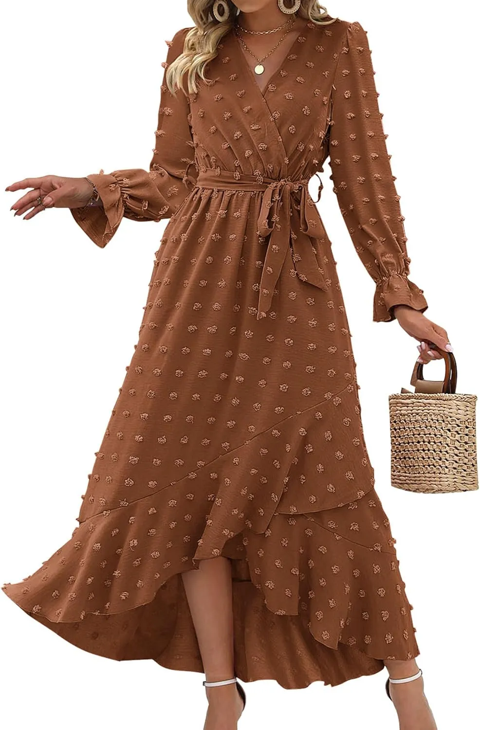 BTFBM Womens Boho Cocktail Maxi Dress Fall Fashion 2025 V Neck Long Sleeve Swiss Dot Flowy Slit Wedding Guest Dresses