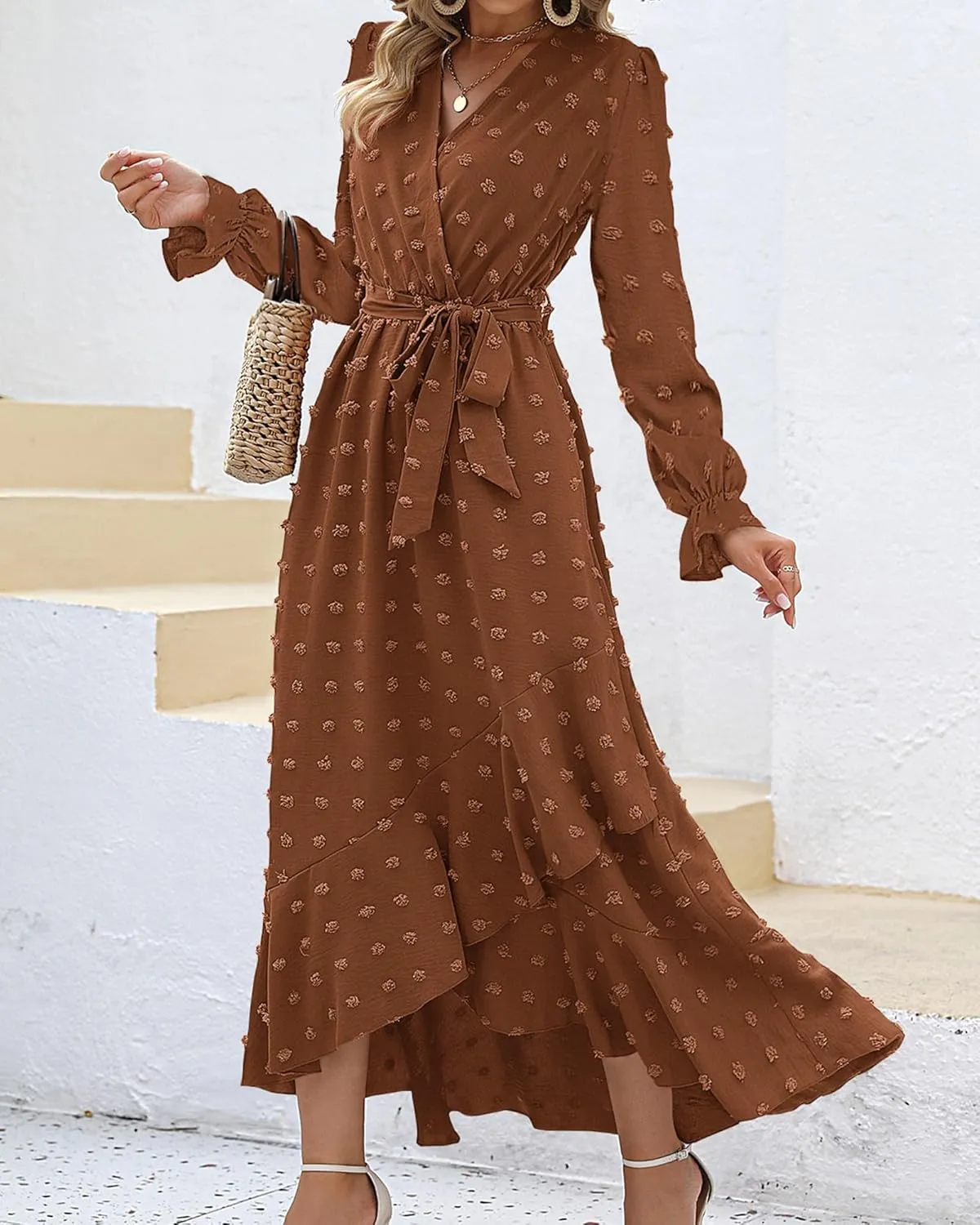 BTFBM Womens Boho Cocktail Maxi Dress Fall Fashion 2025 V Neck Long Sleeve Swiss Dot Flowy Slit Wedding Guest Dresses