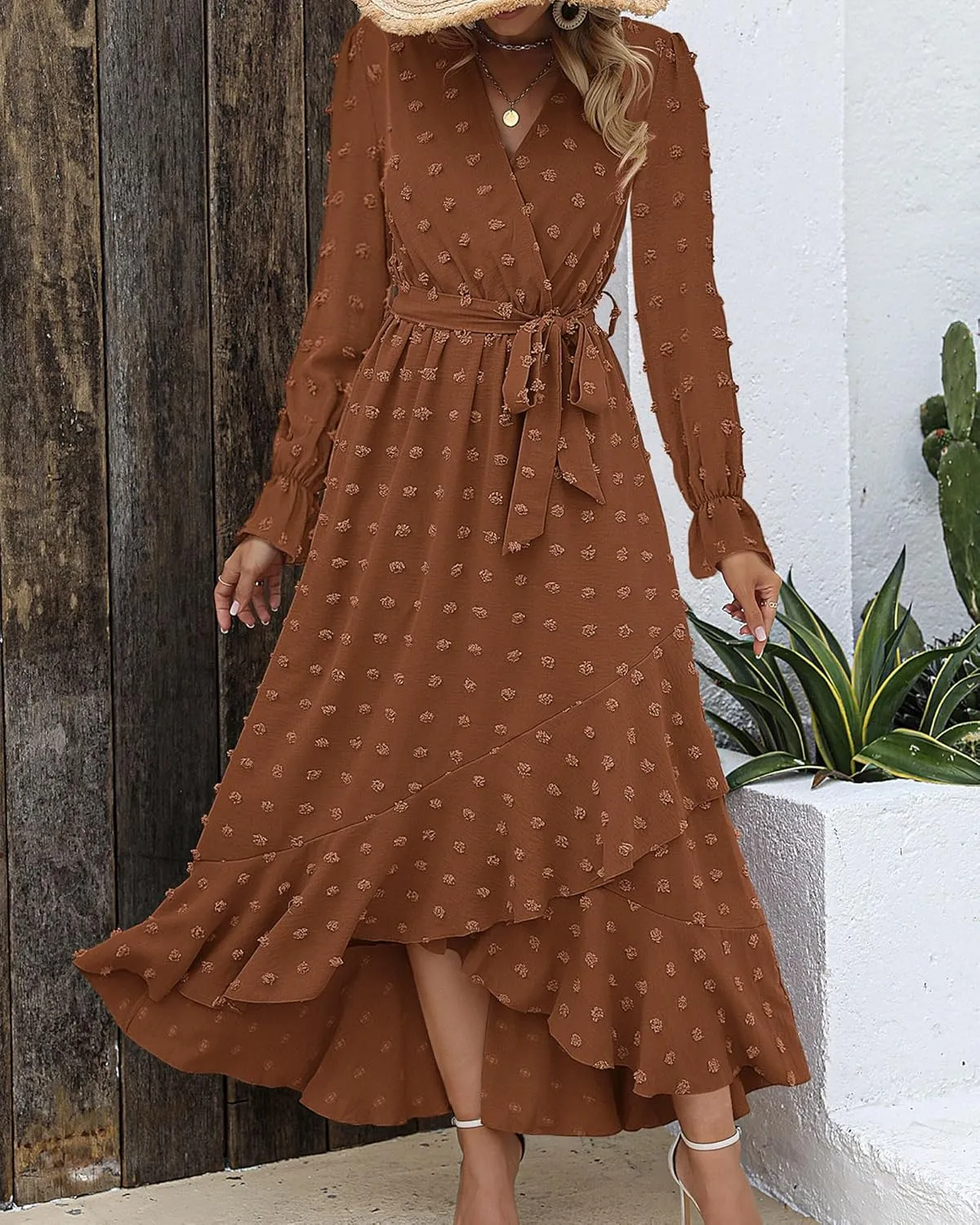 BTFBM Womens Boho Cocktail Maxi Dress Fall Fashion 2025 V Neck Long Sleeve Swiss Dot Flowy Slit Wedding Guest Dresses