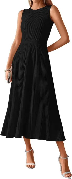 BTFBM Women's Midi Bodycon Tank Dress Summer Crewneck Rib Knit Sleeveless Pleated Swing A Line Business Casual Dresses