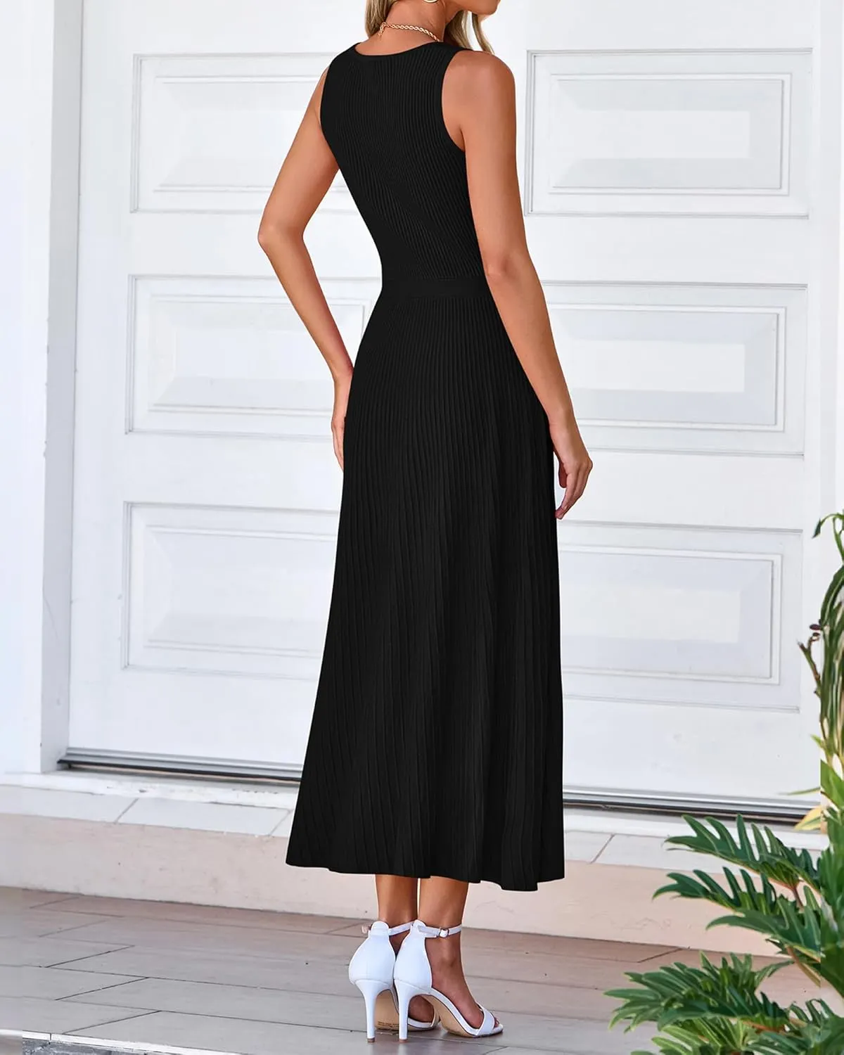 BTFBM Women's Midi Bodycon Tank Dress Summer Crewneck Rib Knit Sleeveless Pleated Swing A Line Business Casual Dresses
