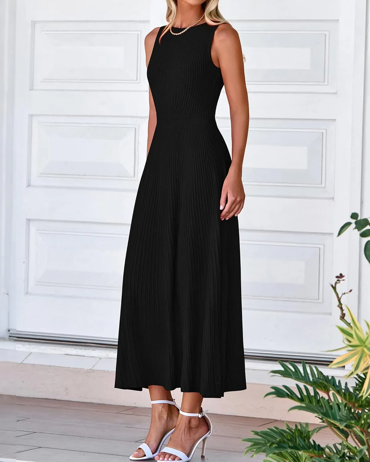 BTFBM Women's Midi Bodycon Tank Dress Summer Crewneck Rib Knit Sleeveless Pleated Swing A Line Business Casual Dresses