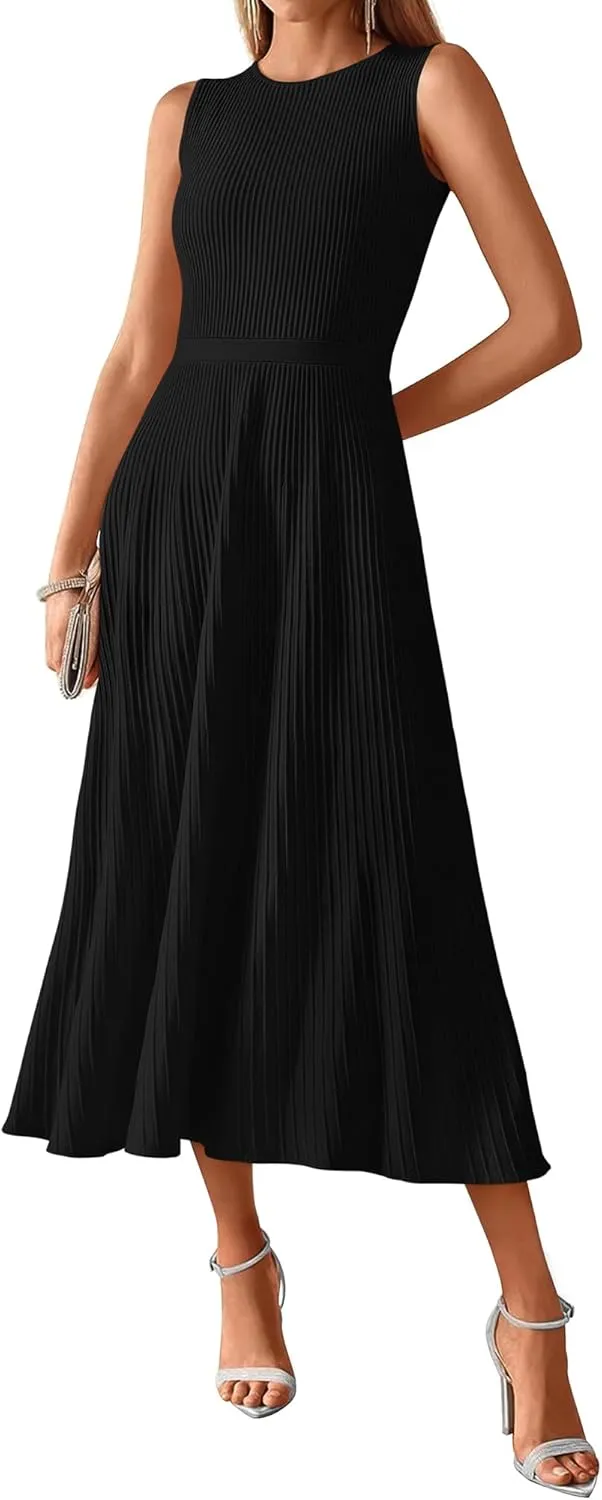 BTFBM Women's Midi Bodycon Tank Dress Summer Crewneck Rib Knit Sleeveless Pleated Swing A Line Business Casual Dresses