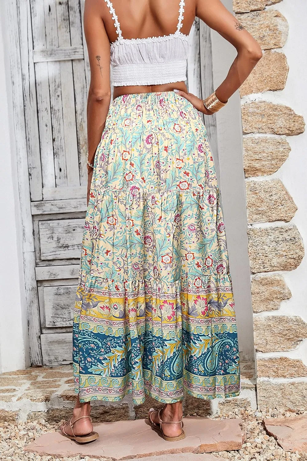 CFLONGE Women's 2025 Bohemian Long Skirts Flowy High Waist A Line Maxi Skirts for Women Summer Pleated Mini Skirts