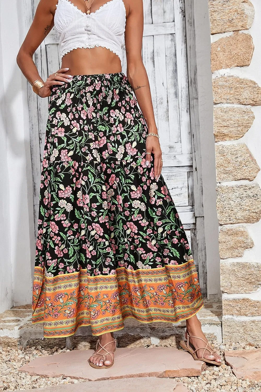 CFLONGE Women's 2025 Bohemian Long Skirts Flowy High Waist A Line Maxi Skirts for Women Summer Pleated Mini Skirts