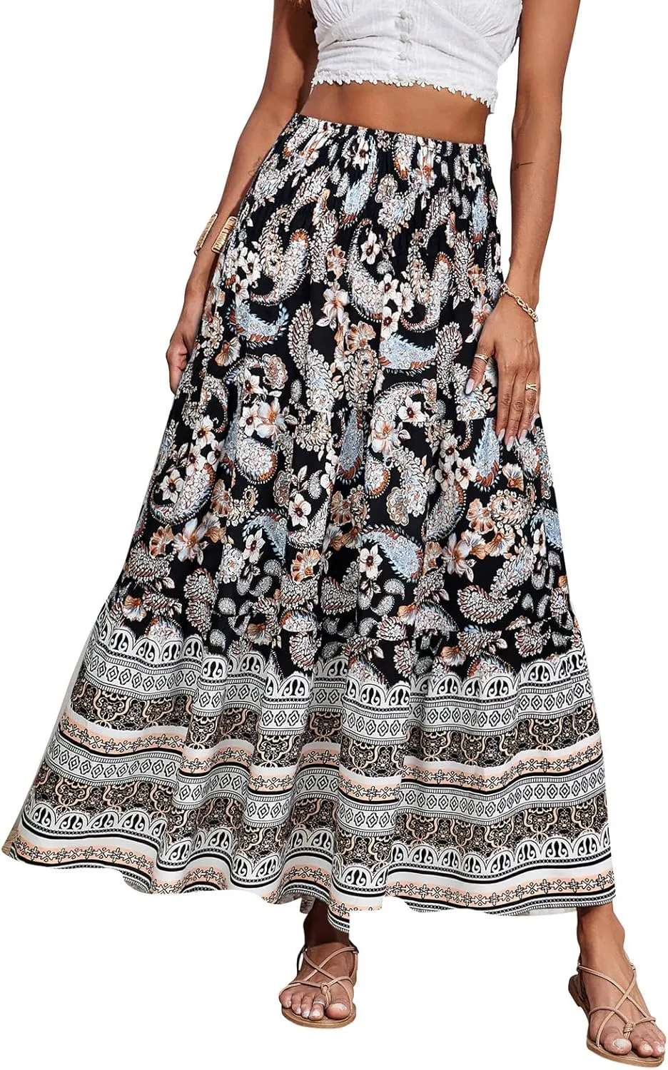 CFLONGE Women's 2025 Bohemian Long Skirts Flowy High Waist A Line Maxi Skirts for Women Summer Pleated Mini Skirts