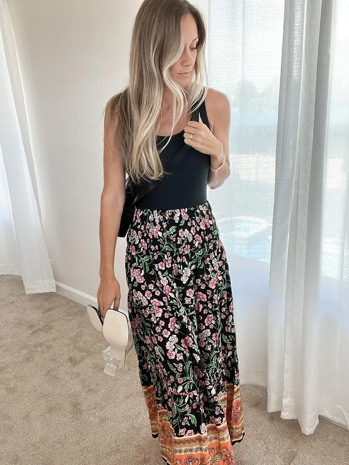 CFLONGE Women's 2025 Bohemian Long Skirts Flowy High Waist A Line Maxi Skirts for Women Summer Pleated Mini Skirts
