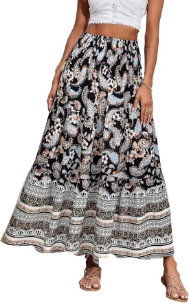 CFLONGE Women's 2025 Bohemian Long Skirts Flowy High Waist A Line Maxi Skirts for Women Summer Pleated Mini Skirts