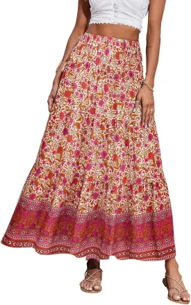 CFLONGE Women's 2025 Bohemian Long Skirts Flowy High Waist A Line Maxi Skirts for Women Summer Pleated Mini Skirts