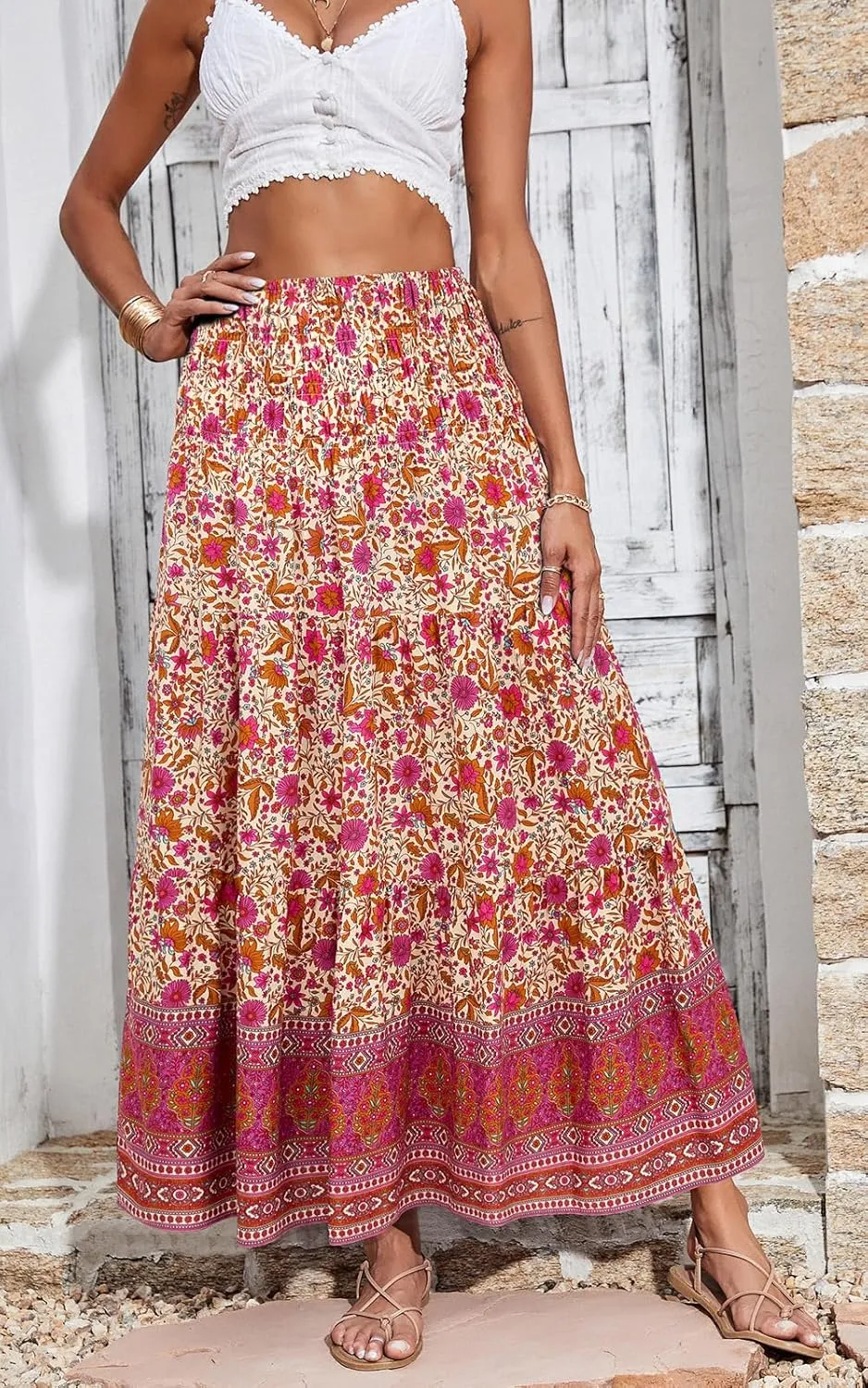 CFLONGE Women's 2025 Bohemian Long Skirts Flowy High Waist A Line Maxi Skirts for Women Summer Pleated Mini Skirts