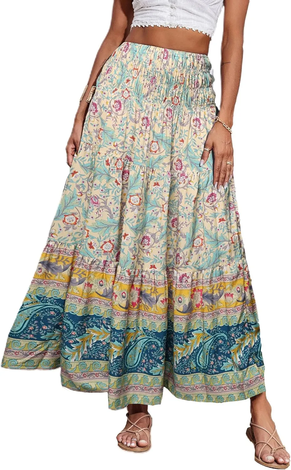 CFLONGE Women's 2025 Bohemian Long Skirts Flowy High Waist A Line Maxi Skirts for Women Summer Pleated Mini Skirts