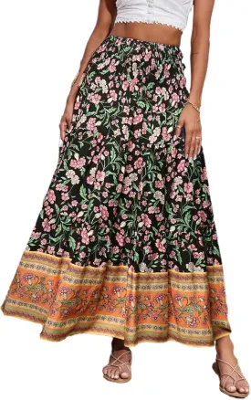 CFLONGE Women's 2025 Bohemian Long Skirts Flowy High Waist A Line Maxi Skirts for Women Summer Pleated Mini Skirts