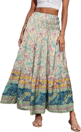 CFLONGE Women's 2025 Bohemian Long Skirts Flowy High Waist A Line Maxi Skirts for Women Summer Pleated Mini Skirts
