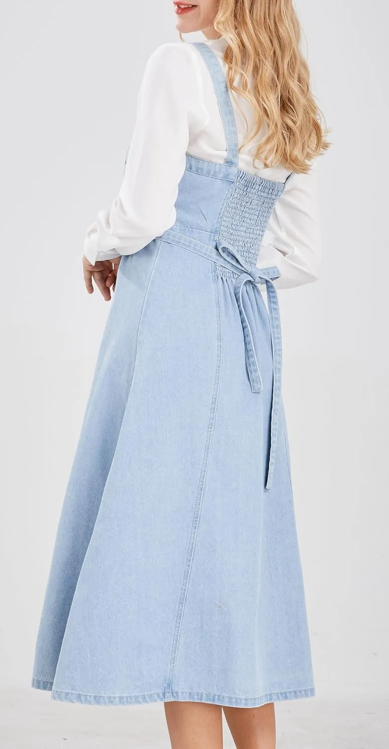 CHARTOU Women's Elegant Straps Back Smocked A-Line Long Skirt Denim Overall Pinafore Dress