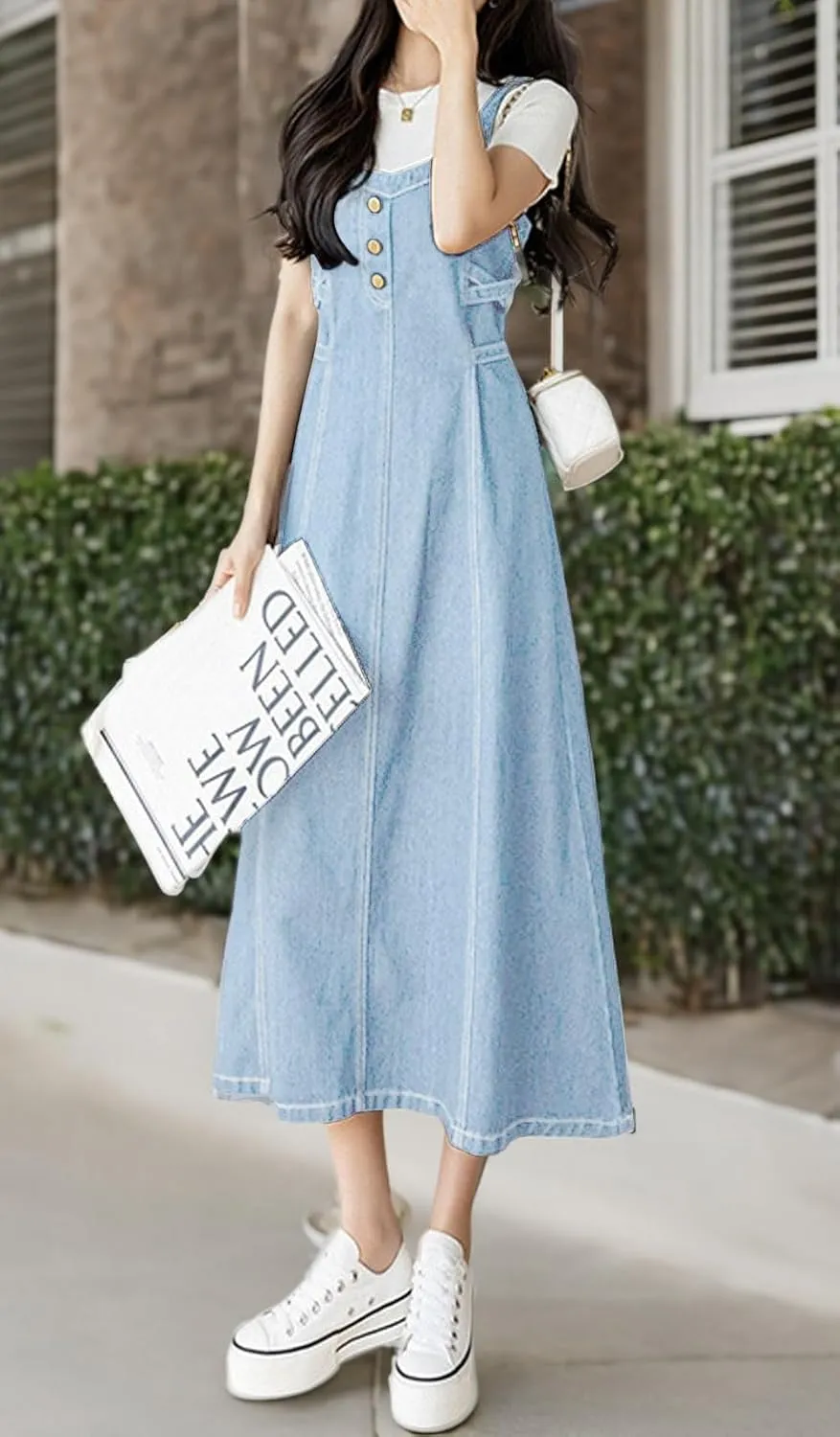 CHARTOU Women's Elegant Straps Back Smocked A-Line Long Skirt Denim Overall Pinafore Dress