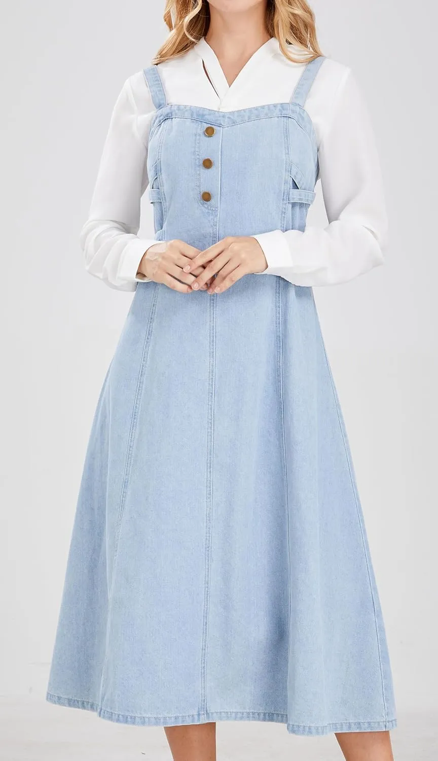 CHARTOU Women's Elegant Straps Back Smocked A-Line Long Skirt Denim Overall Pinafore Dress