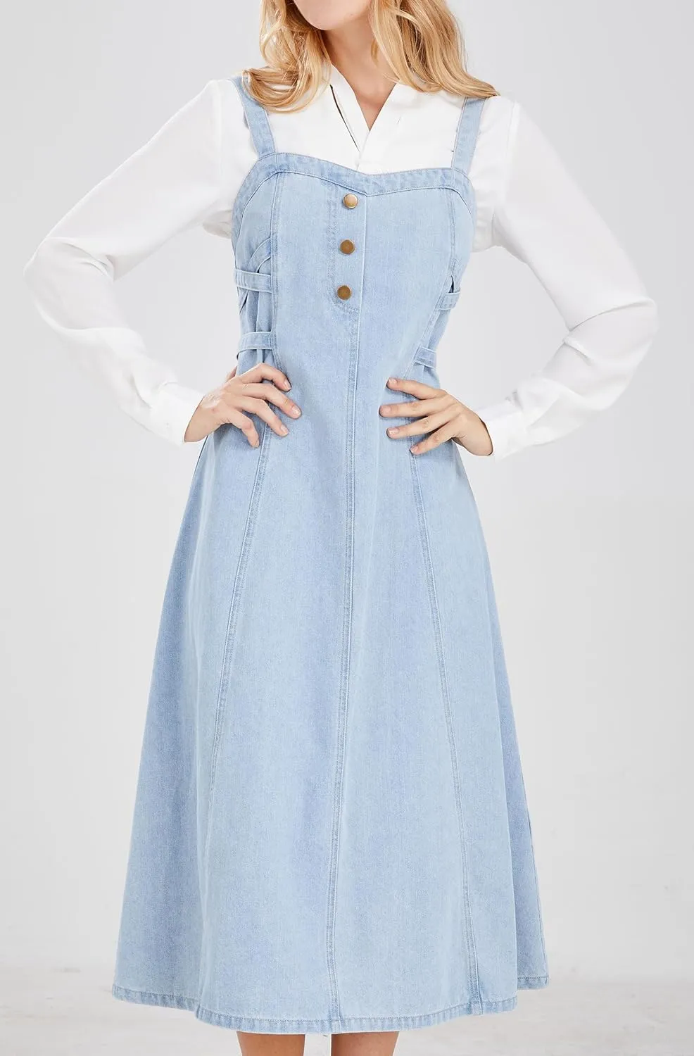 CHARTOU Women's Elegant Straps Back Smocked A-Line Long Skirt Denim Overall Pinafore Dress