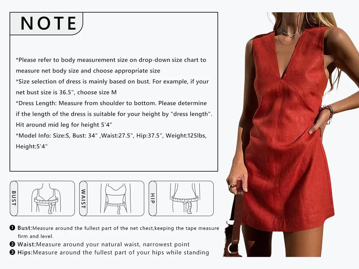 CHARTOU Women's Summer Sleeveless Mini Dress Cotton Linen V Neck Cinched A Line Slim Tank Short Dress
