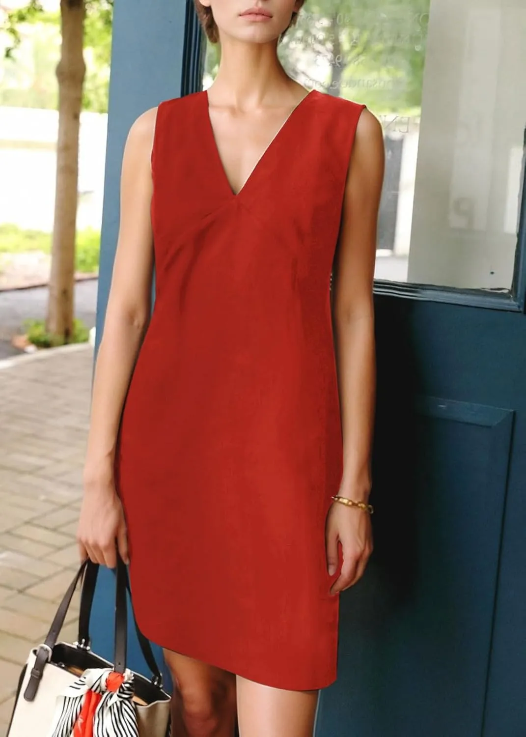 CHARTOU Women's Summer Sleeveless Mini Dress Cotton Linen V Neck Cinched A Line Slim Tank Short Dress