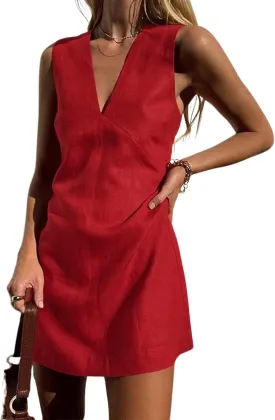 CHARTOU Women's Summer Sleeveless Mini Dress Cotton Linen V Neck Cinched A Line Slim Tank Short Dress