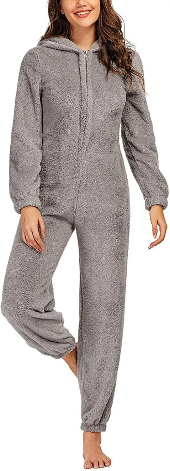 chouyatou Women's Ultra Comfy Lounge Furry Sherpa Romper Onesie Pajamas Cute Ear Hood