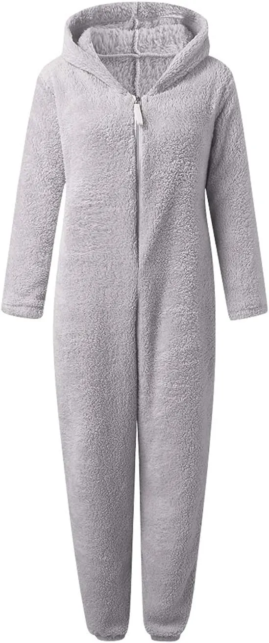 chouyatou Women's Ultra Comfy Lounge Furry Sherpa Romper Onesie Pajamas Cute Ear Hood