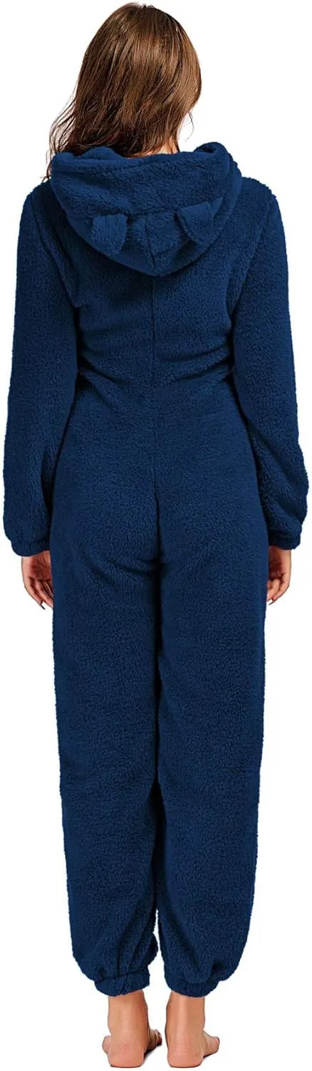 chouyatou Women's Ultra Comfy Lounge Furry Sherpa Romper Onesie Pajamas Cute Ear Hood