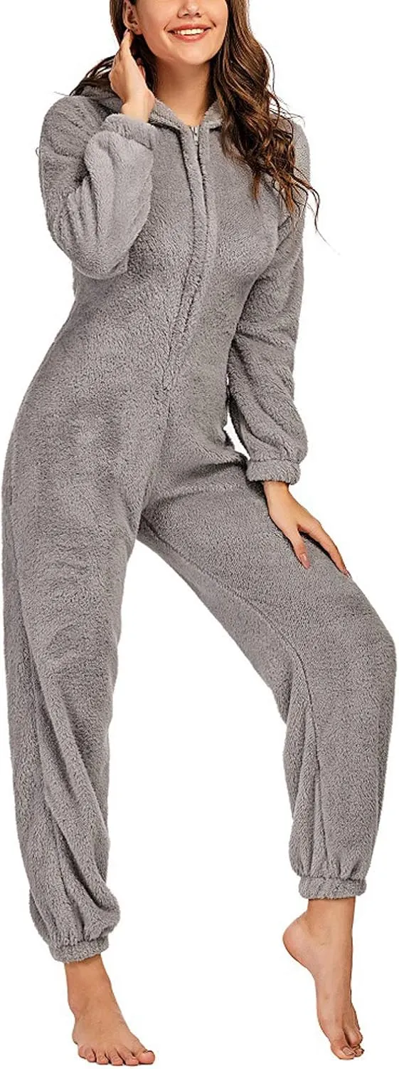 chouyatou Women's Ultra Comfy Lounge Furry Sherpa Romper Onesie Pajamas Cute Ear Hood