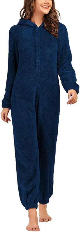 chouyatou Women's Ultra Comfy Lounge Furry Sherpa Romper Onesie Pajamas Cute Ear Hood
