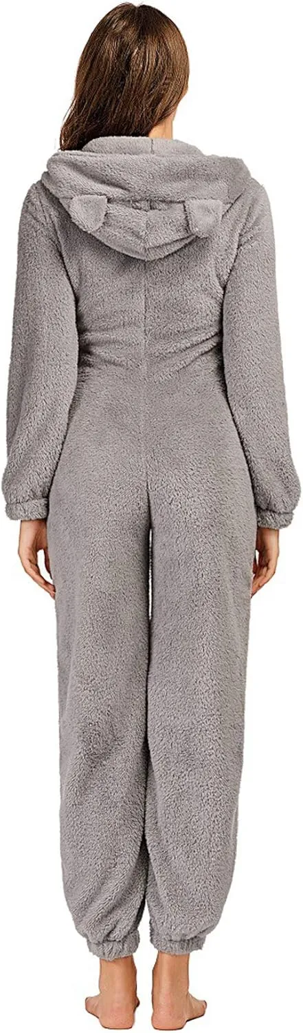 chouyatou Women's Ultra Comfy Lounge Furry Sherpa Romper Onesie Pajamas Cute Ear Hood