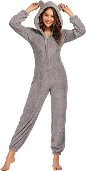 chouyatou Women's Ultra Comfy Lounge Furry Sherpa Romper Onesie Pajamas Cute Ear Hood