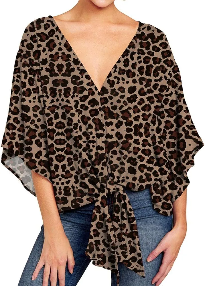 Ckikiou Womens Plus Size V Neck Knot Tie Front Summer Chiffon Blouses Tops Loose 3/4 Batwing Sleeve Shirts