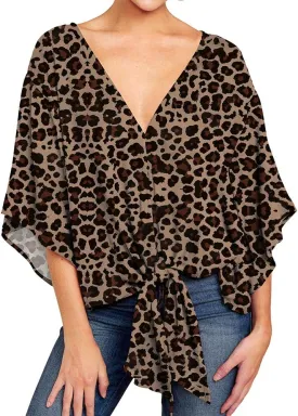 Ckikiou Womens Plus Size V Neck Knot Tie Front Summer Chiffon Blouses Tops Loose 3/4 Batwing Sleeve Shirts