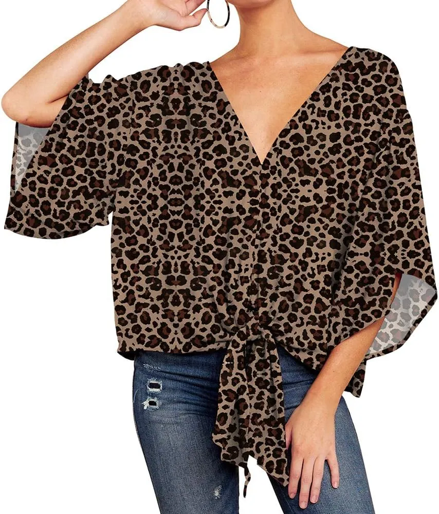 Ckikiou Womens Plus Size V Neck Knot Tie Front Summer Chiffon Blouses Tops Loose 3/4 Batwing Sleeve Shirts