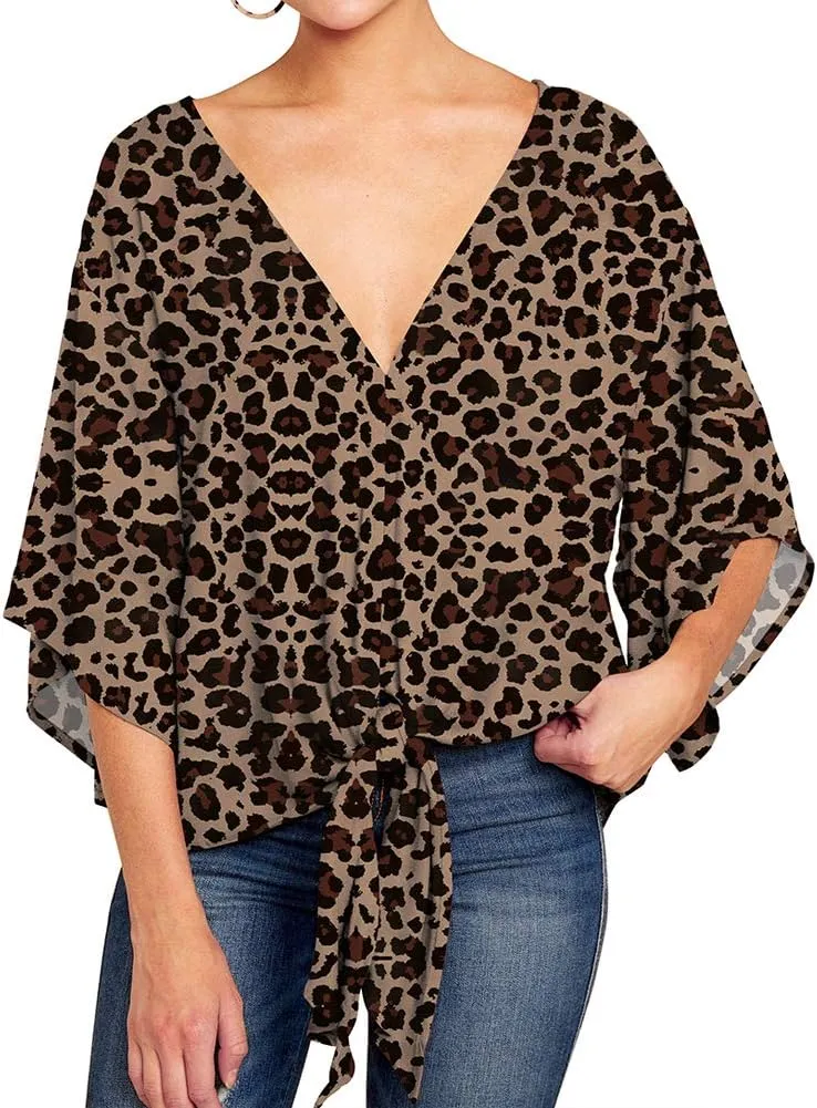 Ckikiou Womens Plus Size V Neck Knot Tie Front Summer Chiffon Blouses Tops Loose 3/4 Batwing Sleeve Shirts