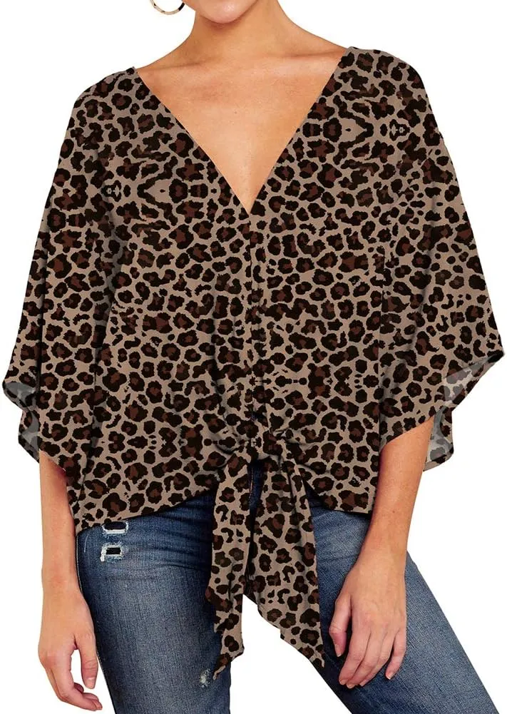 Ckikiou Womens Plus Size V Neck Knot Tie Front Summer Chiffon Blouses Tops Loose 3/4 Batwing Sleeve Shirts