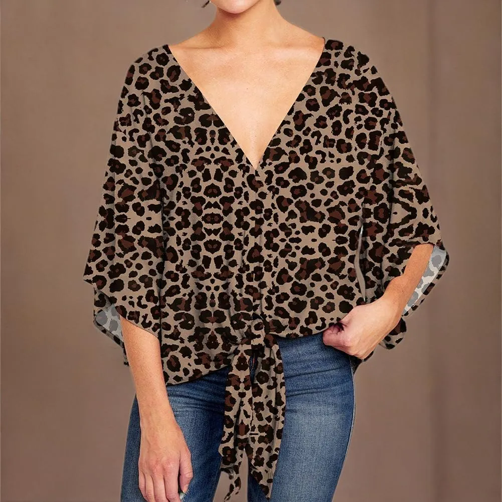 Ckikiou Womens Plus Size V Neck Knot Tie Front Summer Chiffon Blouses Tops Loose 3/4 Batwing Sleeve Shirts