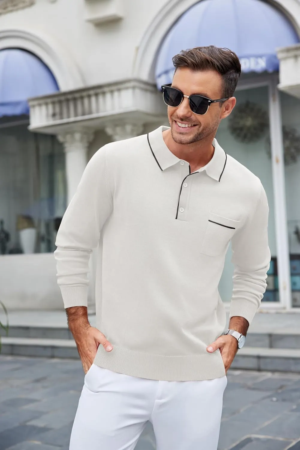 COOFANDY Mens Knit Polo Long Sleeve Collared Sweater Polo Business Casual Polos with Pocket