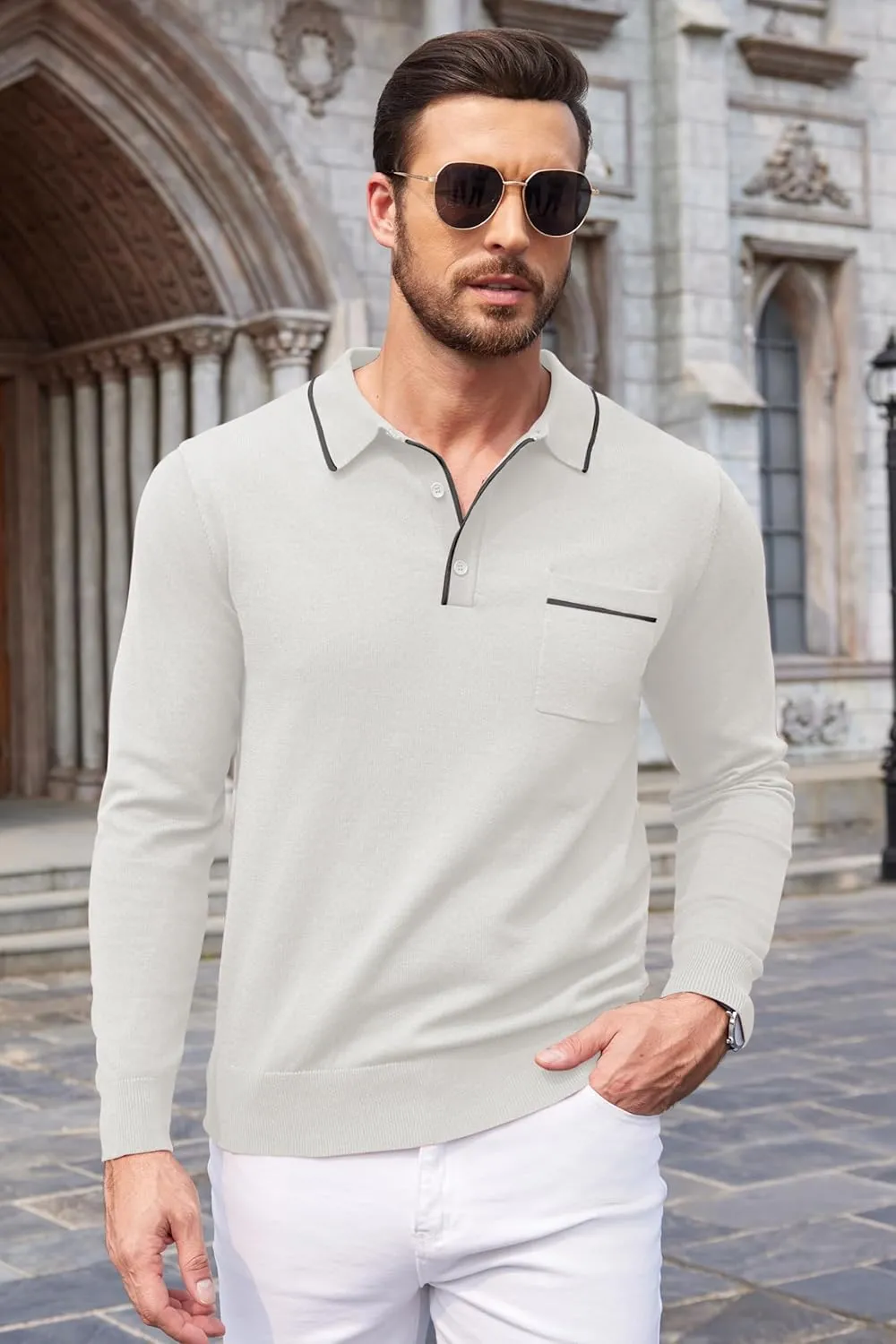 COOFANDY Mens Knit Polo Long Sleeve Collared Sweater Polo Business Casual Polos with Pocket