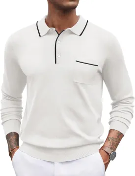 COOFANDY Mens Knit Polo Long Sleeve Collared Sweater Polo Business Casual Polos with Pocket
